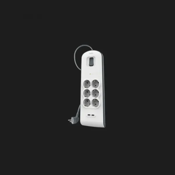 Мережевий фільтр Belkin 6хТип F, 3x1.5мм кв, 16А, 2xUSB-A 2.4A, з захистом від перенапруги,2м (White)