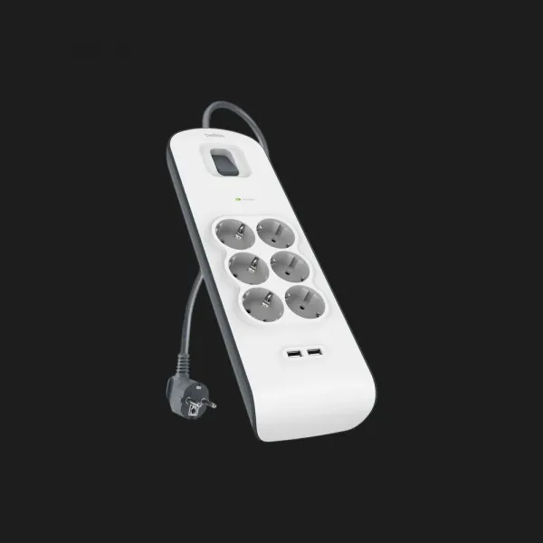 Мережевий фільтр Belkin 6хТип F, 3x1.5мм кв, 16А, 2xUSB-A 2.4A, з захистом від перенапруги,2м (White)