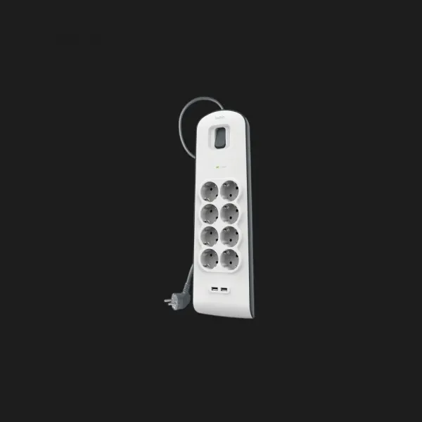Мережевий фільтр Belkin 8хТип F, 3x1.5мм кв, 16А, 2xUSB-A 2.4A, з захистом від перенапруги,2м (White)