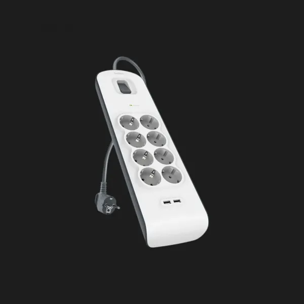 Мережевий фільтр Belkin 8хТип F, 3x1.5мм кв, 16А, 2xUSB-A 2.4A, з захистом від перенапруги,2м (White)