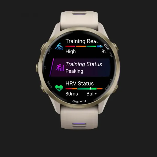 Garmin Forerunner 970 Soft Gold Titanium with French Gray Case and French Gray/Translucent Indigo Band