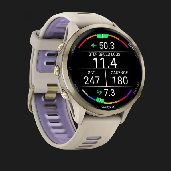 Garmin Forerunner 970 Soft Gold Titanium with French Gray Case and French Gray/Translucent Indigo Band